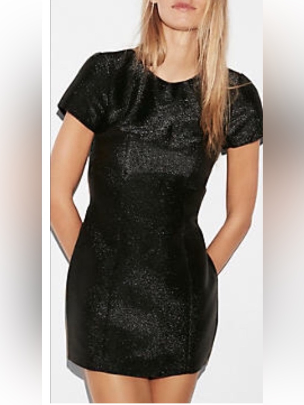 Express Dress Black Metallic Shimmering Mini Short Sleeves V Back Zipper 6